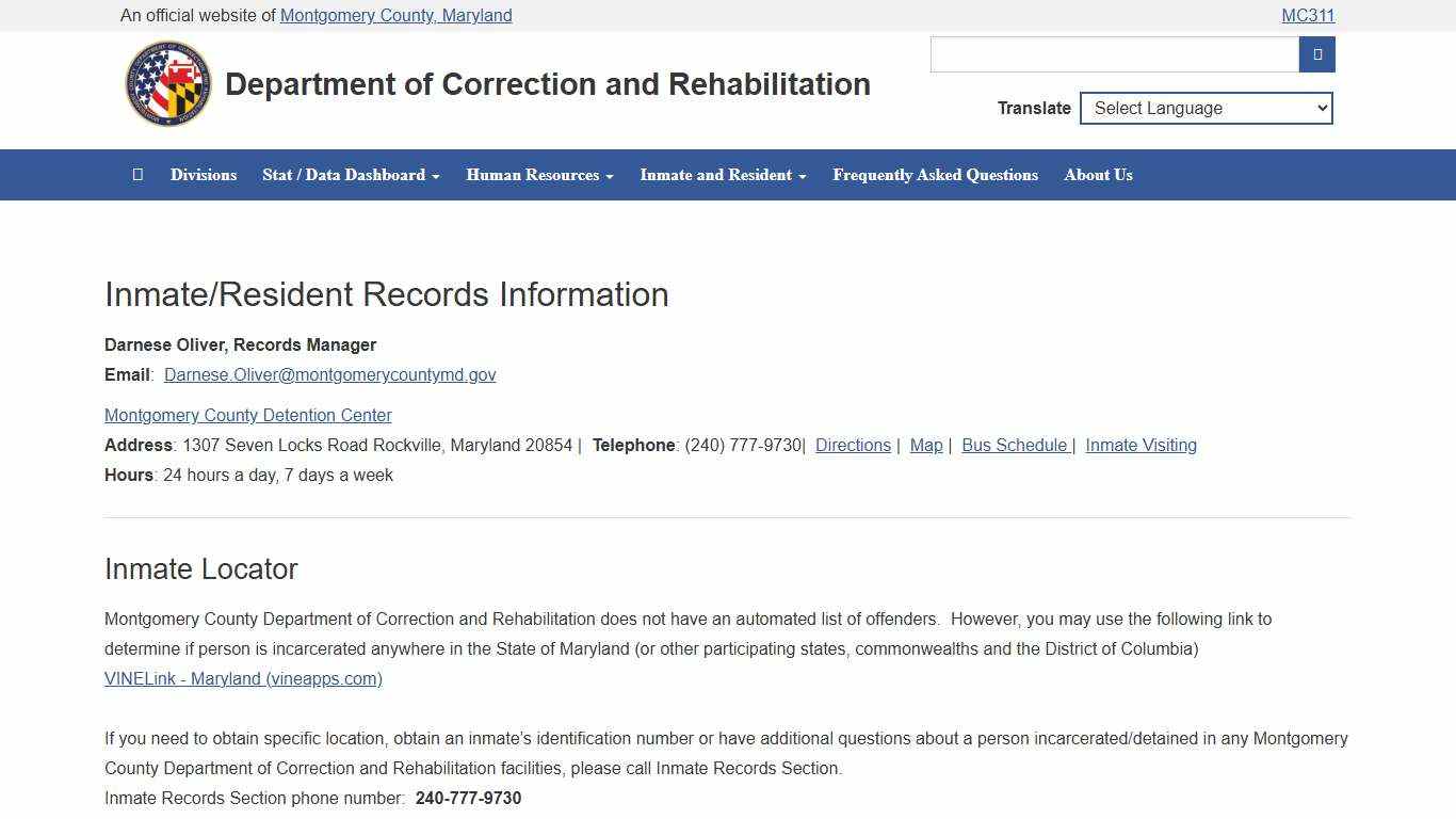 MONTGOMERY COUNTY, MD - DEPARTMENT OF CORRECTION AND REHABILITATION - INMATE LOCATOR