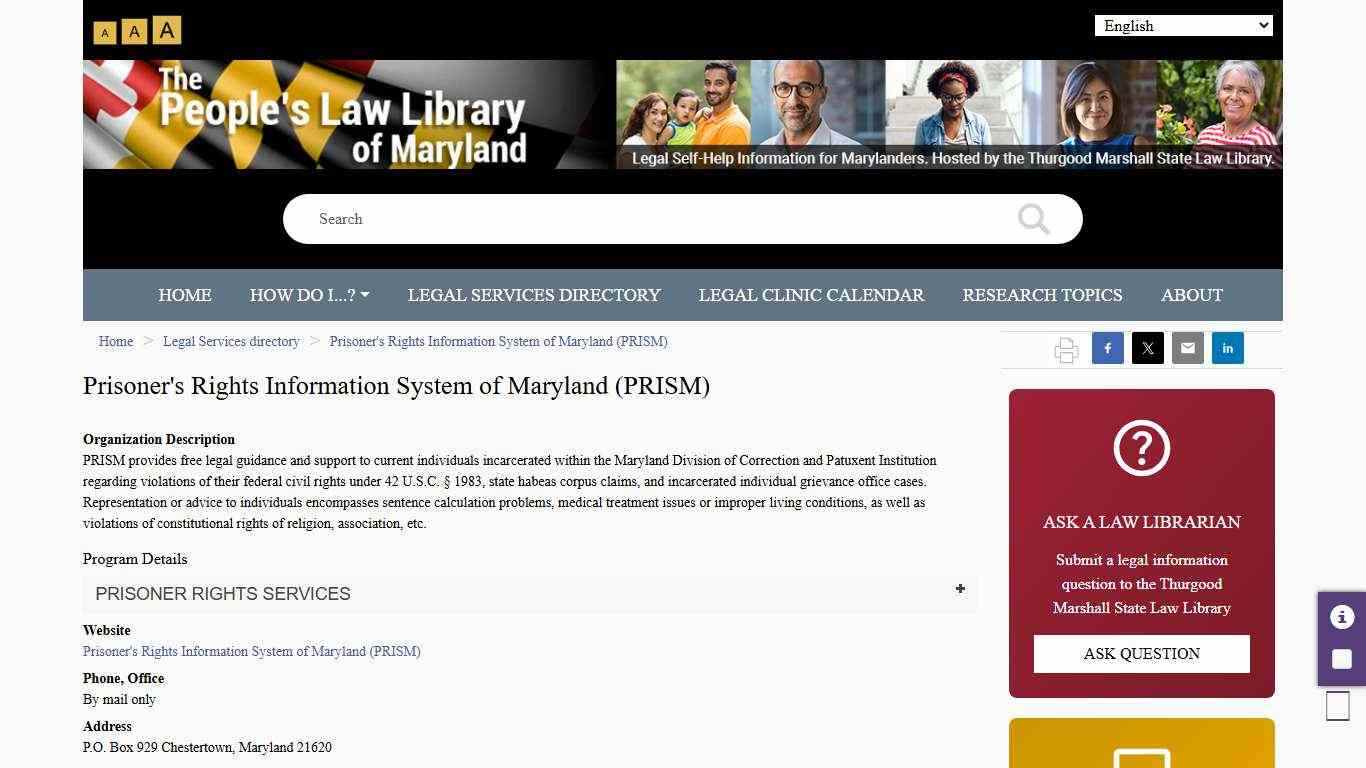 Prisoner's Rights Information System of Maryland (PRISM) | The Maryland People's Law Library